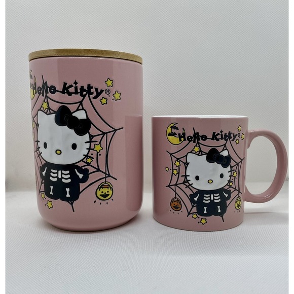 Sanrio Other - New Sanrio Hello Kitty Skeleton Pink Spiderweb 2023 Halloween Mug & Cookie Jar